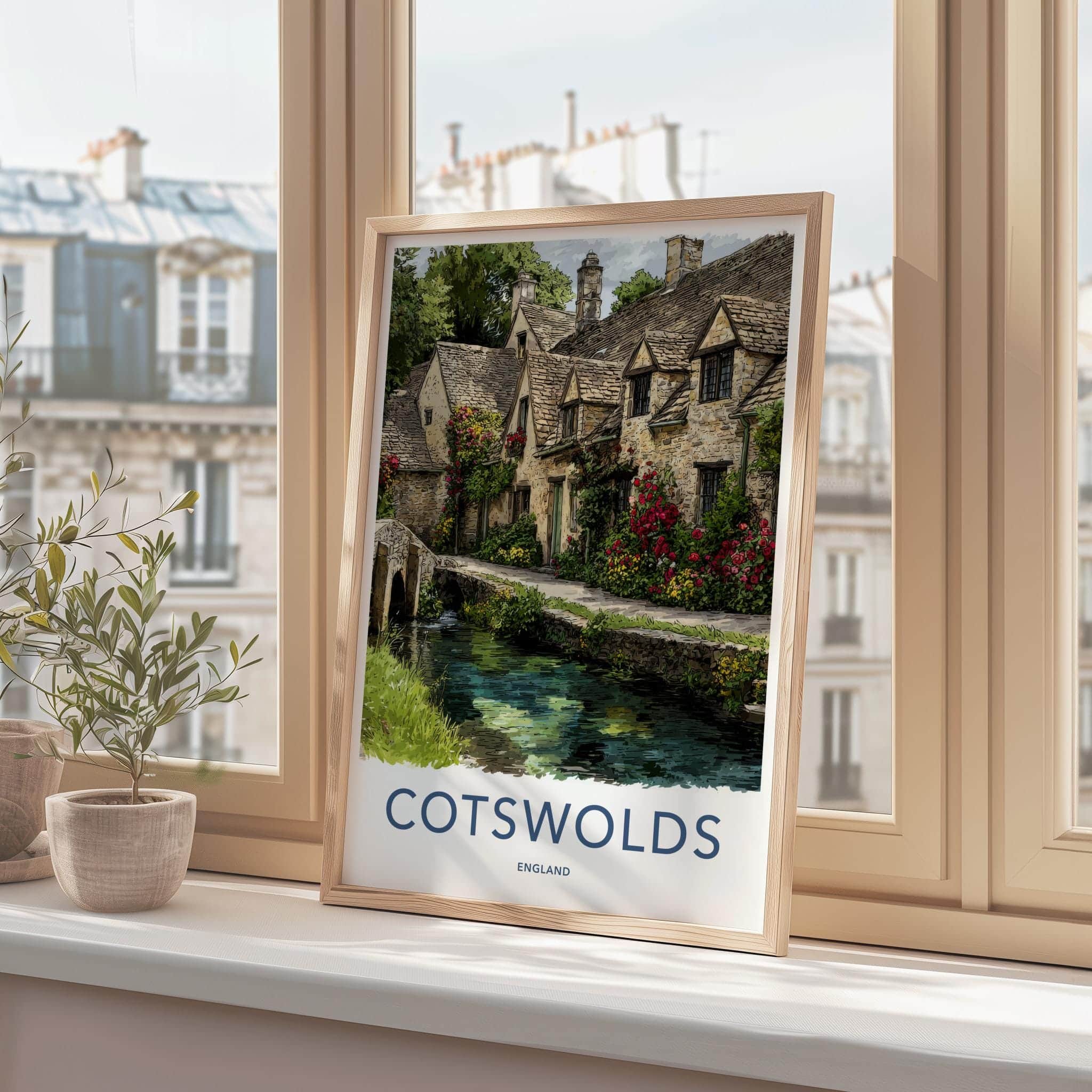 Cotswolds Poster - England Travel Art - Floral Stone Bridge Wall Decor