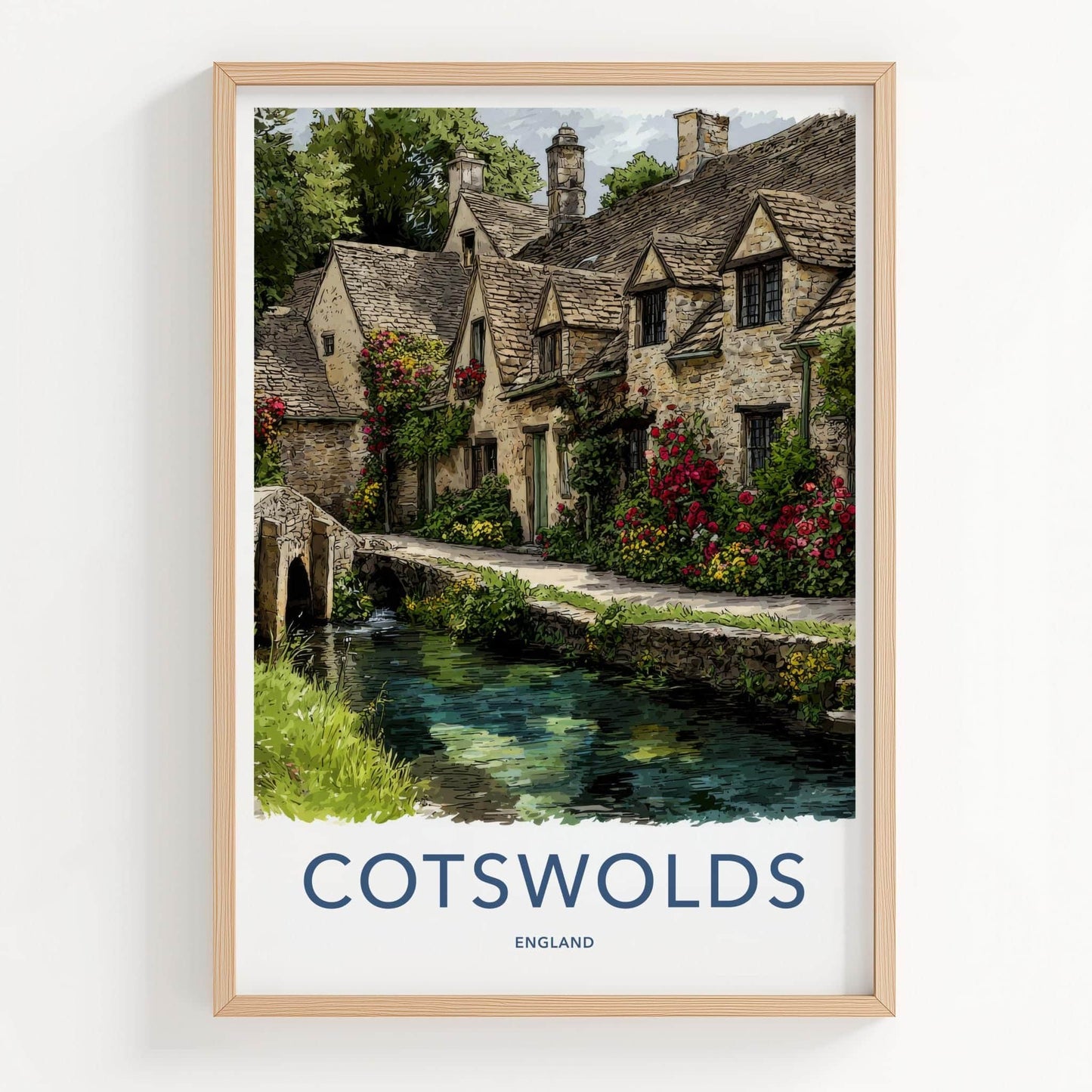 Cotswolds Poster - England Travel Art - Floral Stone Bridge Wall Decor