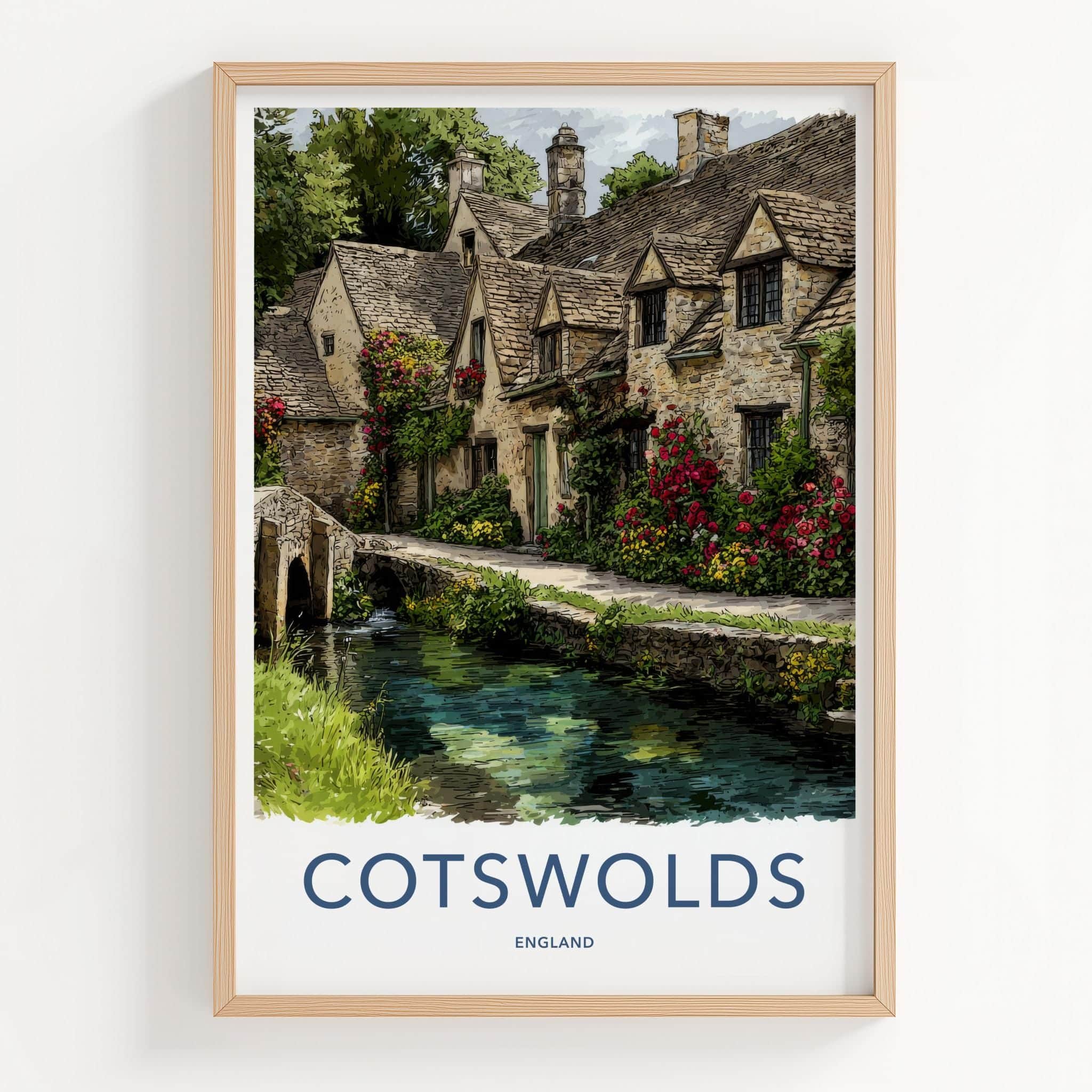 Cotswolds Poster - England Travel Art - Floral Stone Bridge Wall Decor