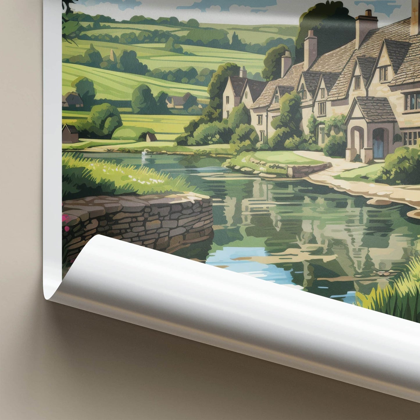Cotswolds Poster - England Travel Art - Quaint Waterside Houses Home Decor