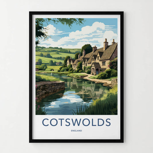 Cotswolds Poster - England Travel Art - Quaint Waterside Houses Home Decor