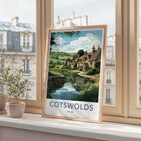 Cotswolds Poster - England Travel Art - Quaint Waterside Houses Home Decor
