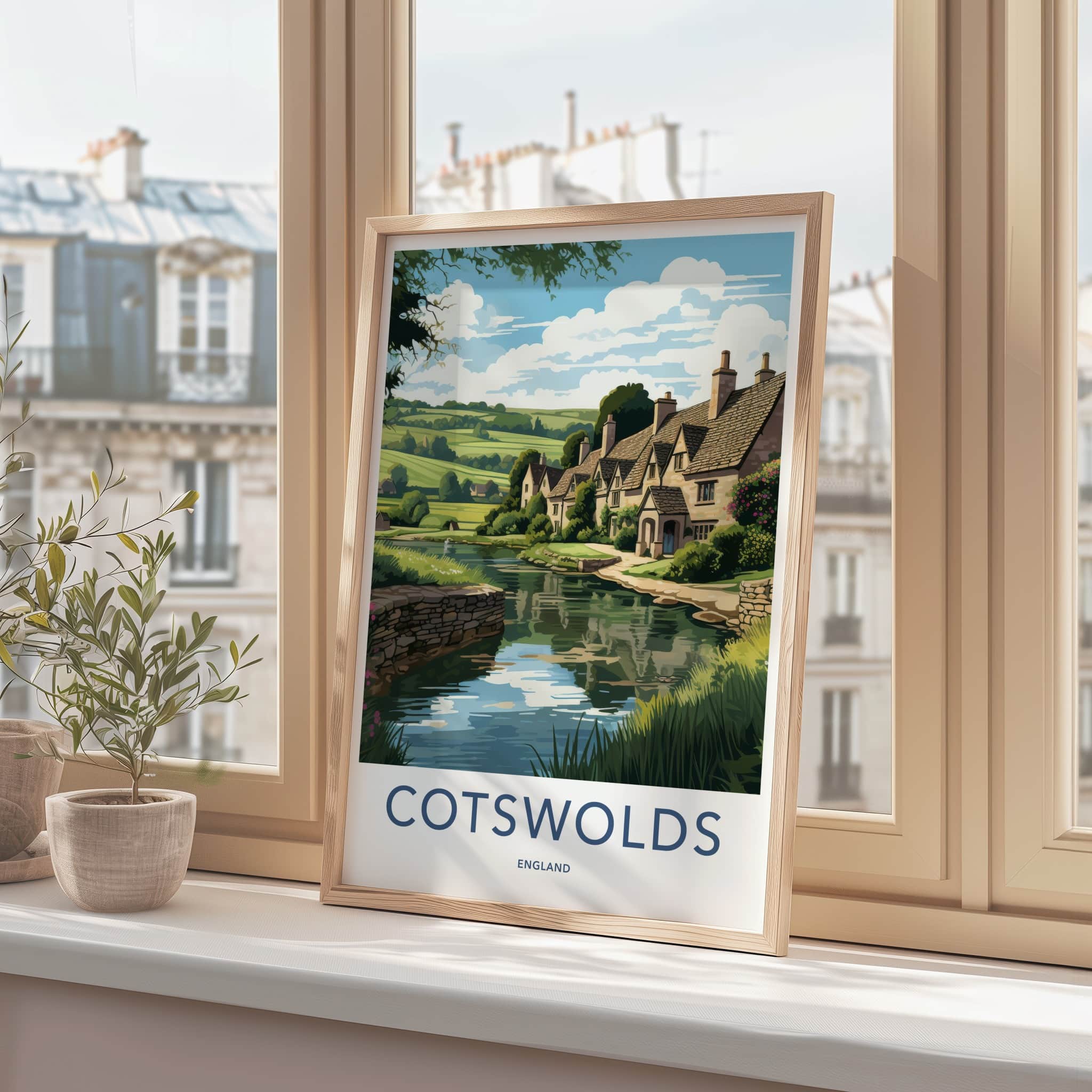 Cotswolds Poster - England Travel Art - Quaint Waterside Houses Home Decor