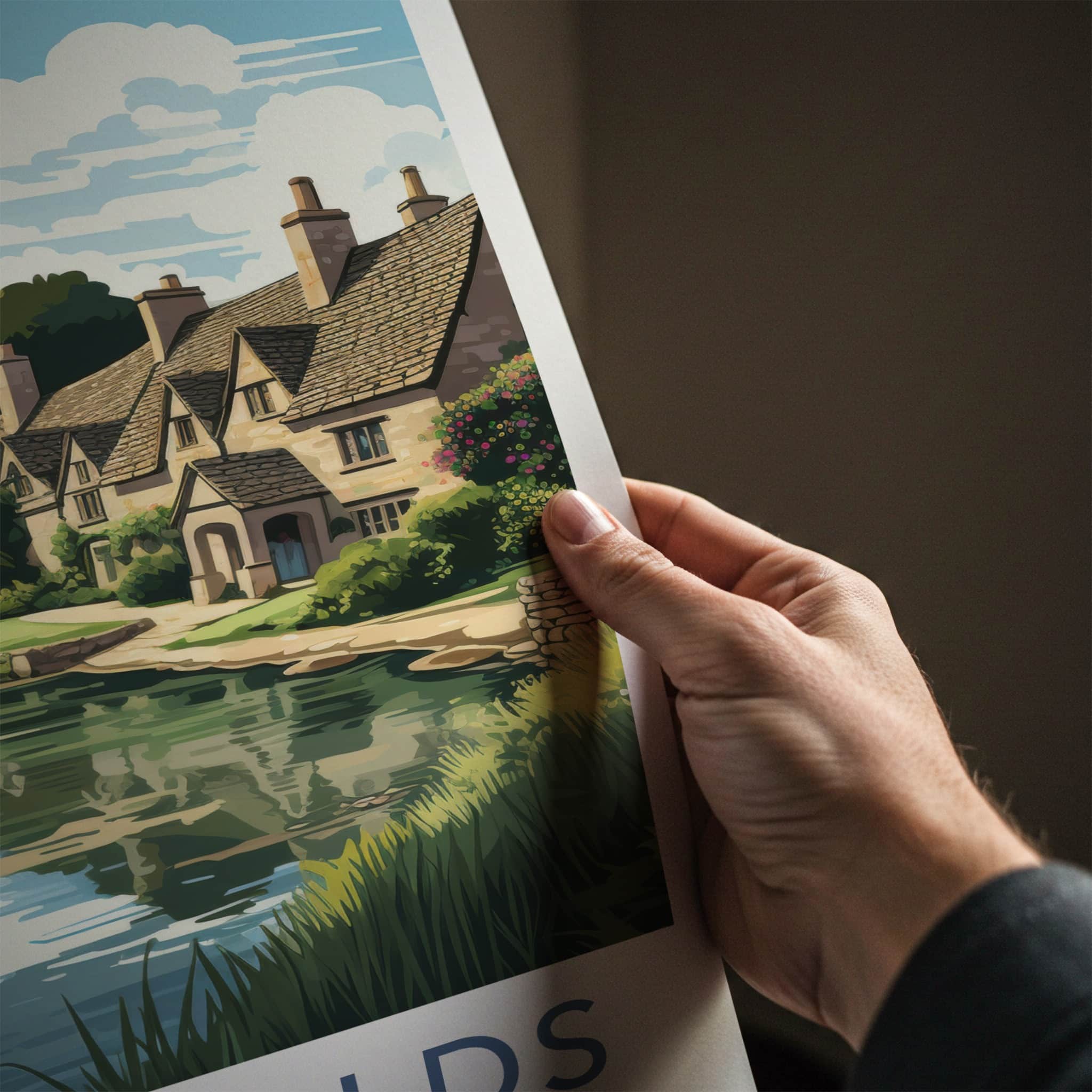 Cotswolds Poster - England Travel Art - Quaint Waterside Houses Home Decor