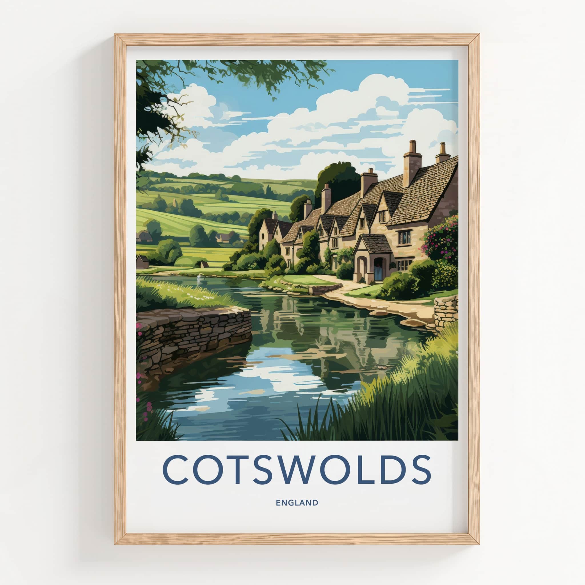 Cotswolds Poster - England Travel Art - Quaint Waterside Houses Home Decor
