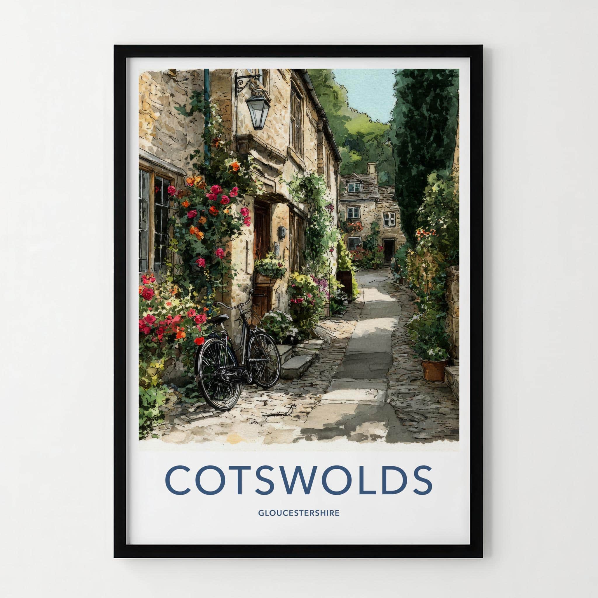 Cotswolds Poster - United Kingdom Travel Art - Flowered Cottage Wall Decor