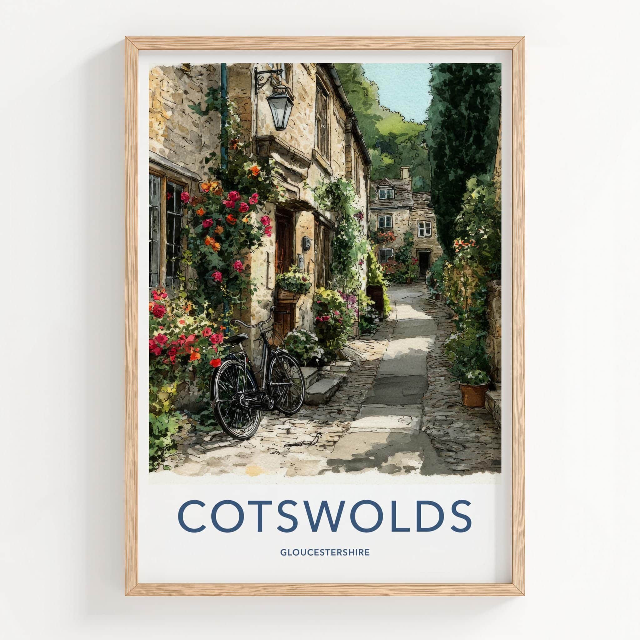 Cotswolds Poster - United Kingdom Travel Art - Flowered Cottage Wall Decor