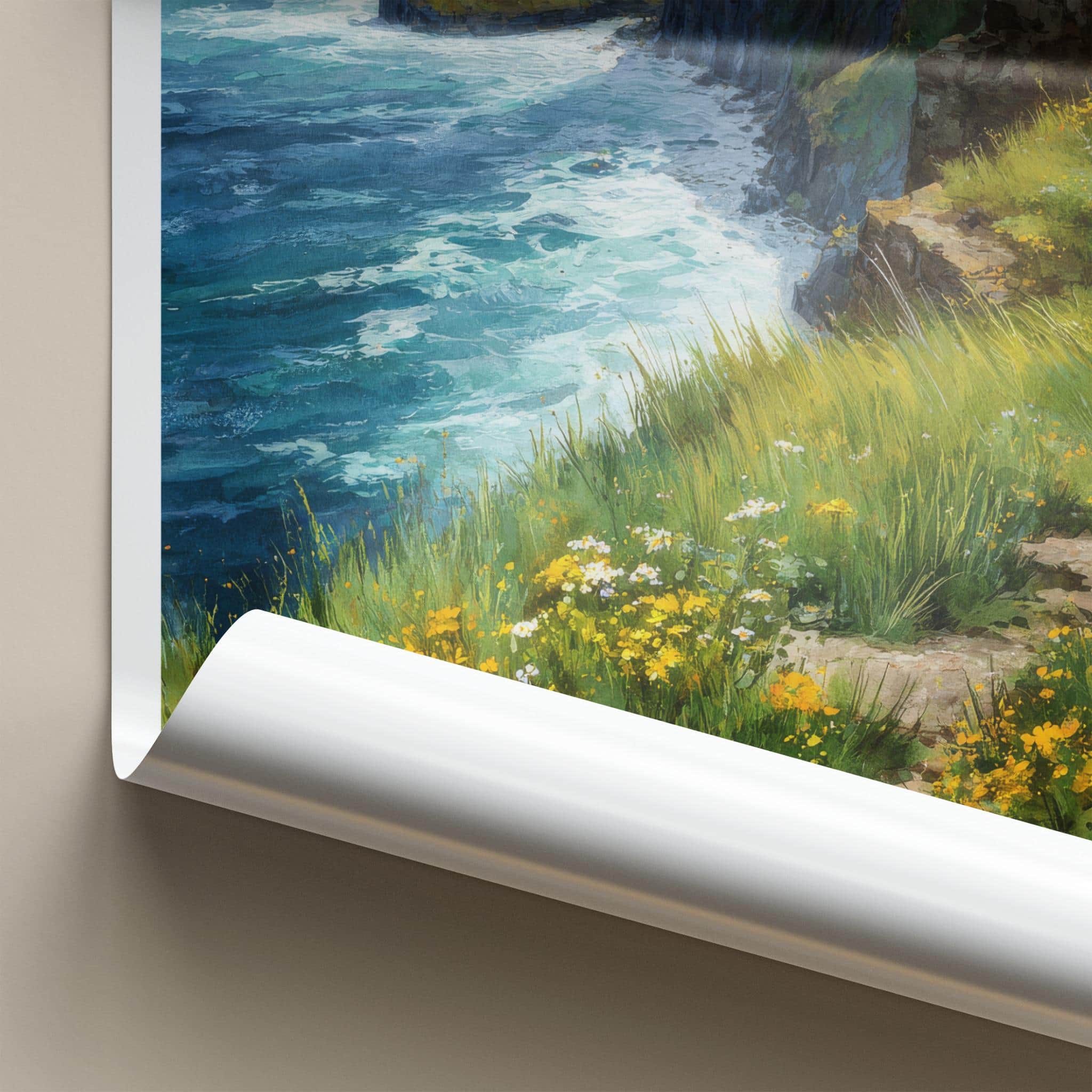 County Clare Poster - Ireland Travel Print - Grassy Cliffs Seascape Wall Decor
