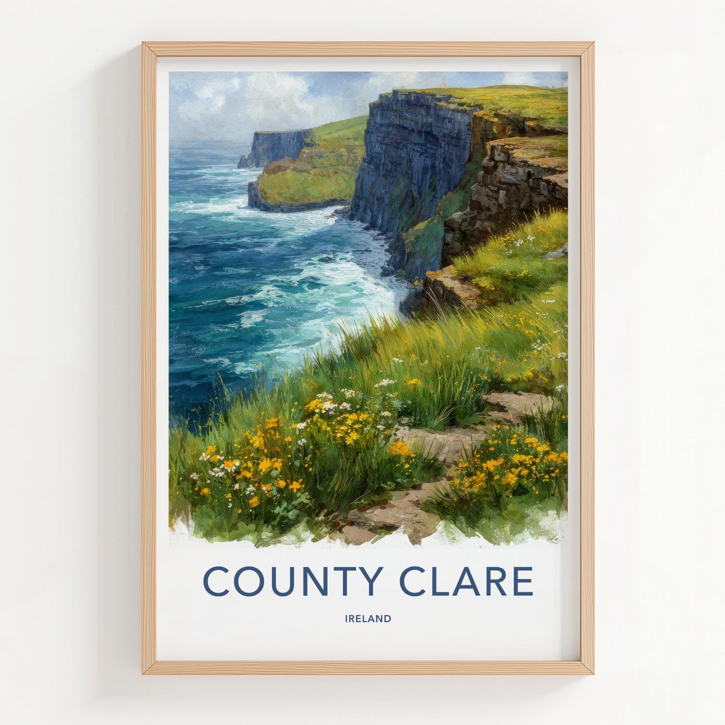 County Clare Poster - Ireland Travel Print - Grassy Cliffs Seascape Wall Decor