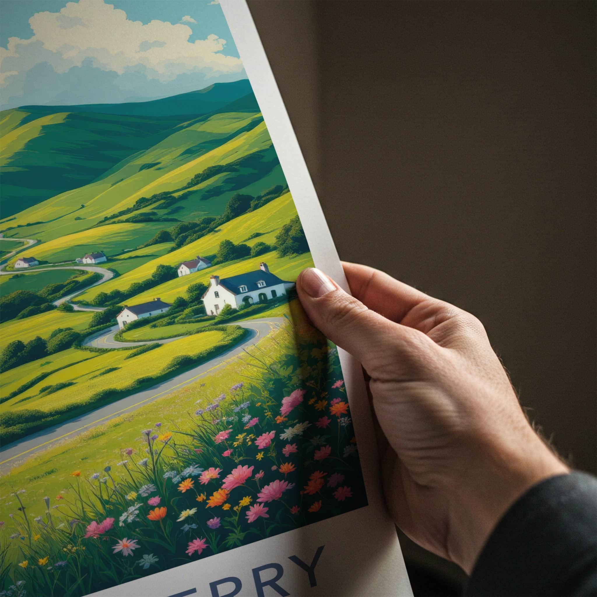 County Kerry Poster - Ireland Travel Art - Green Hills Winding Road Home Decor