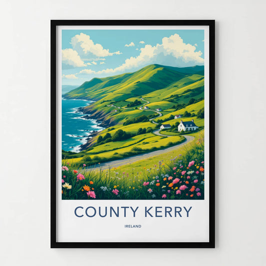 County Kerry Poster - Ireland Travel Art - Green Hills Winding Road Home Decor