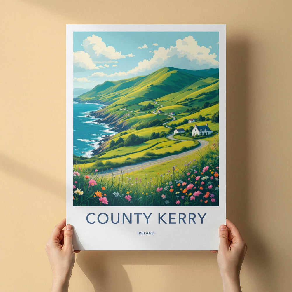 County Kerry Poster - Ireland Travel Art - Green Hills Winding Road Home Decor