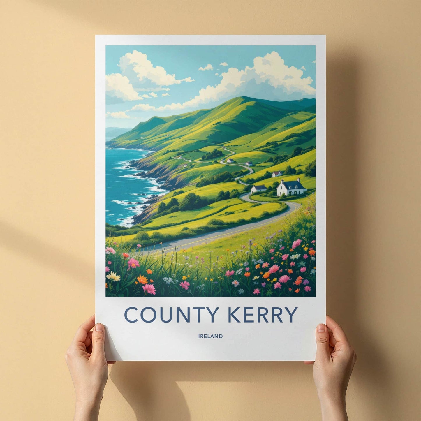 County Kerry Poster - Ireland Travel Art - Green Hills Winding Road Home Decor