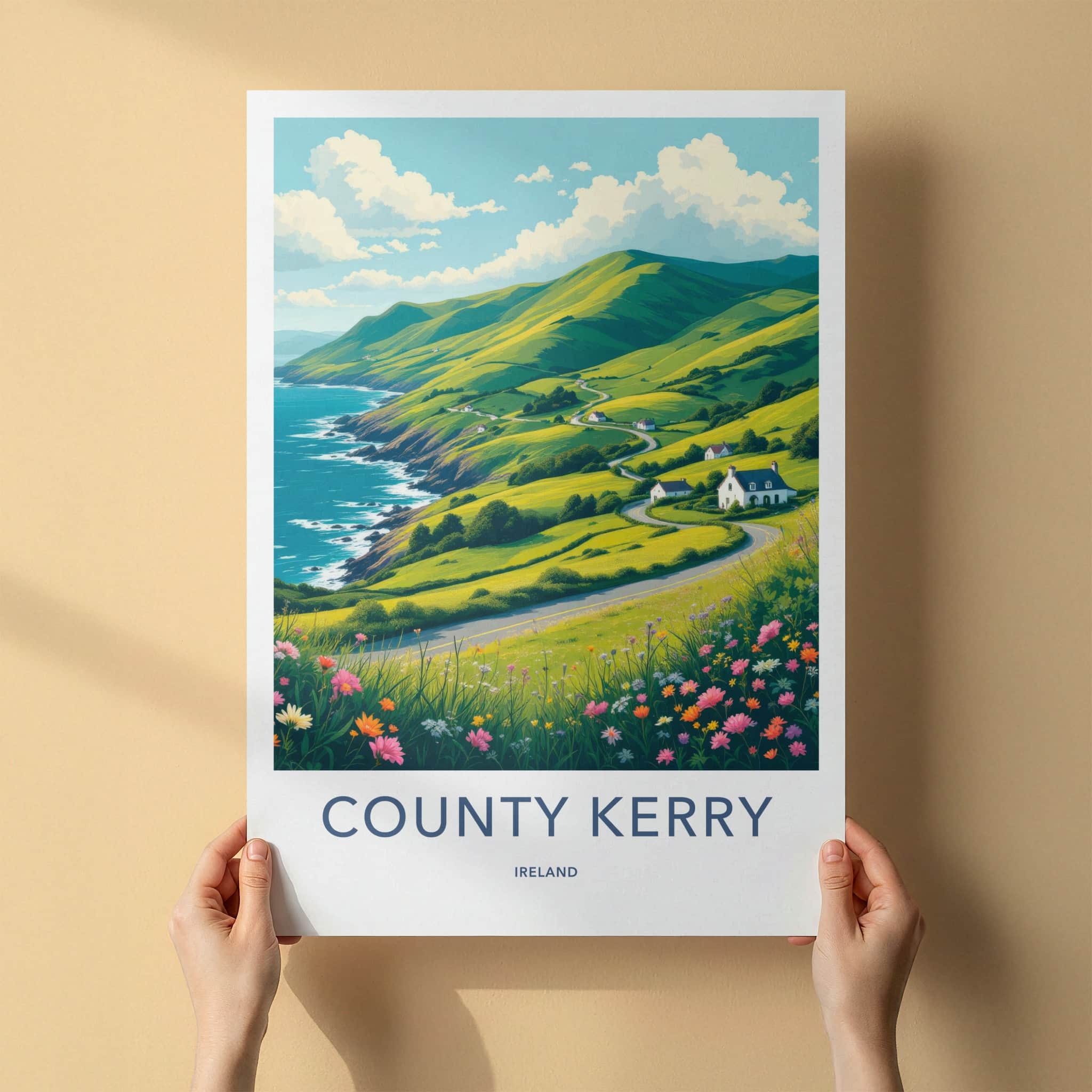 County Kerry Poster - Ireland Travel Art - Green Hills Winding Road Home Decor