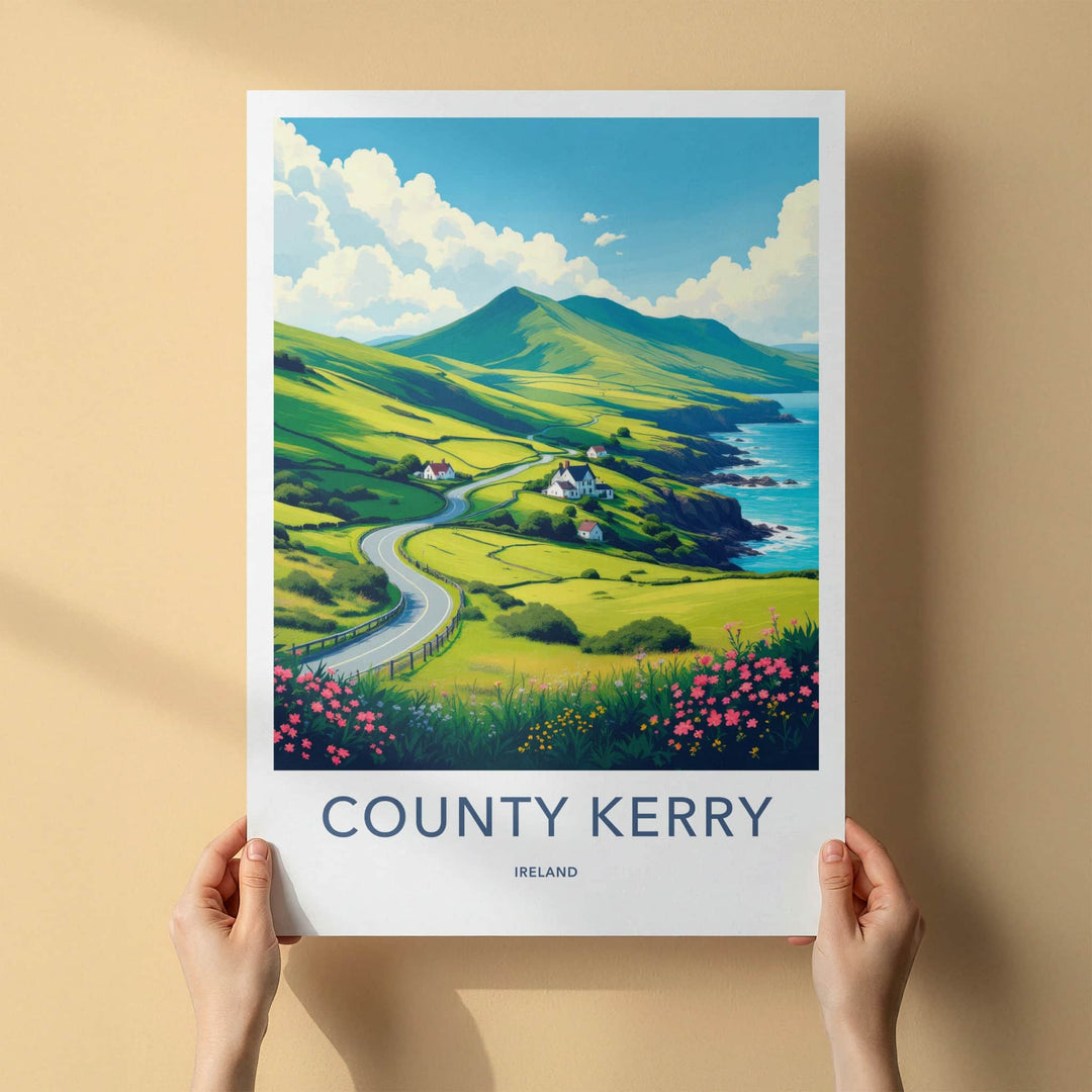 County Kerry Poster - Ireland Travel Art - Green Hilly Coast Home Decor