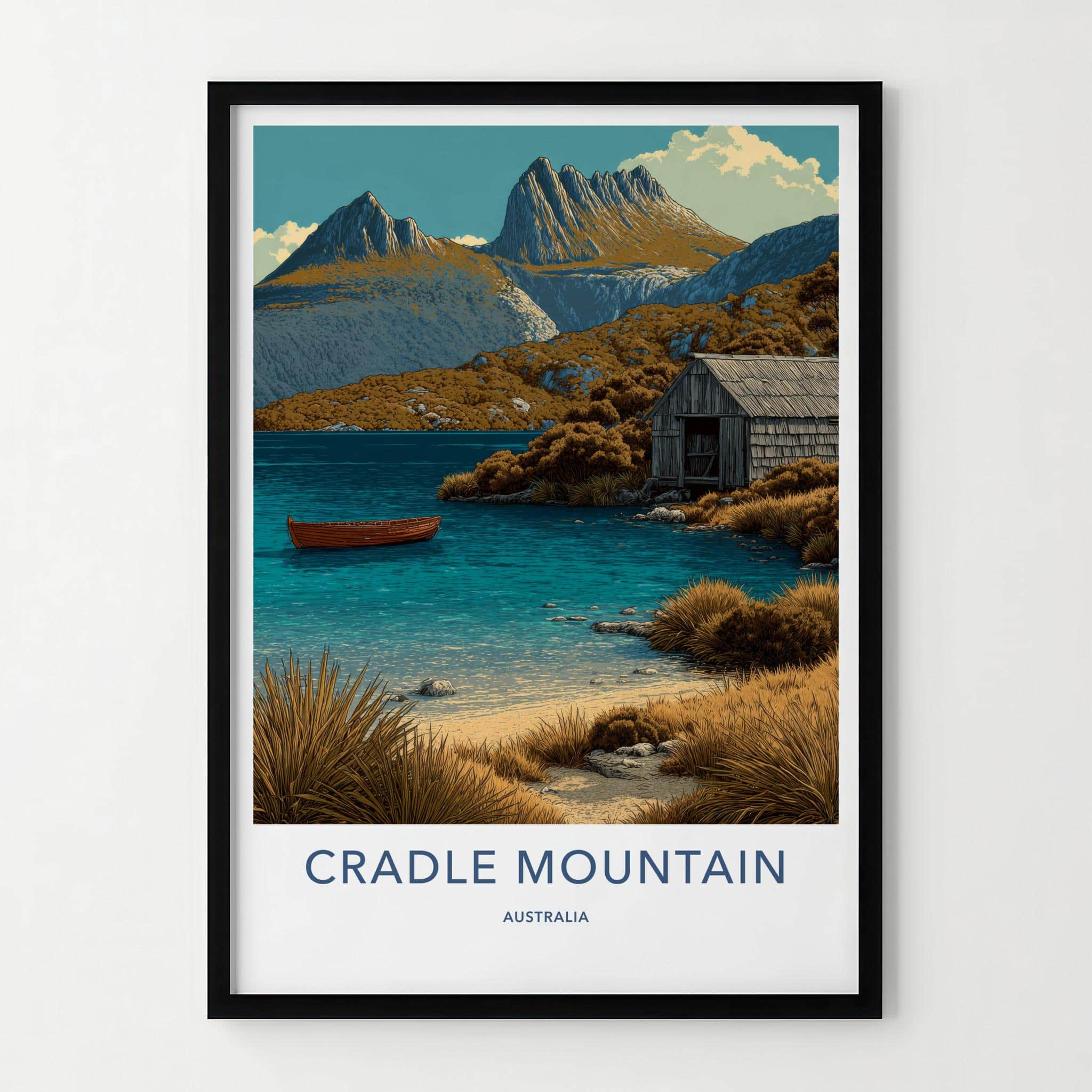Cradle Mountain Poster - Australia Art Print - Rustic Lake Boathouse Wall Decor