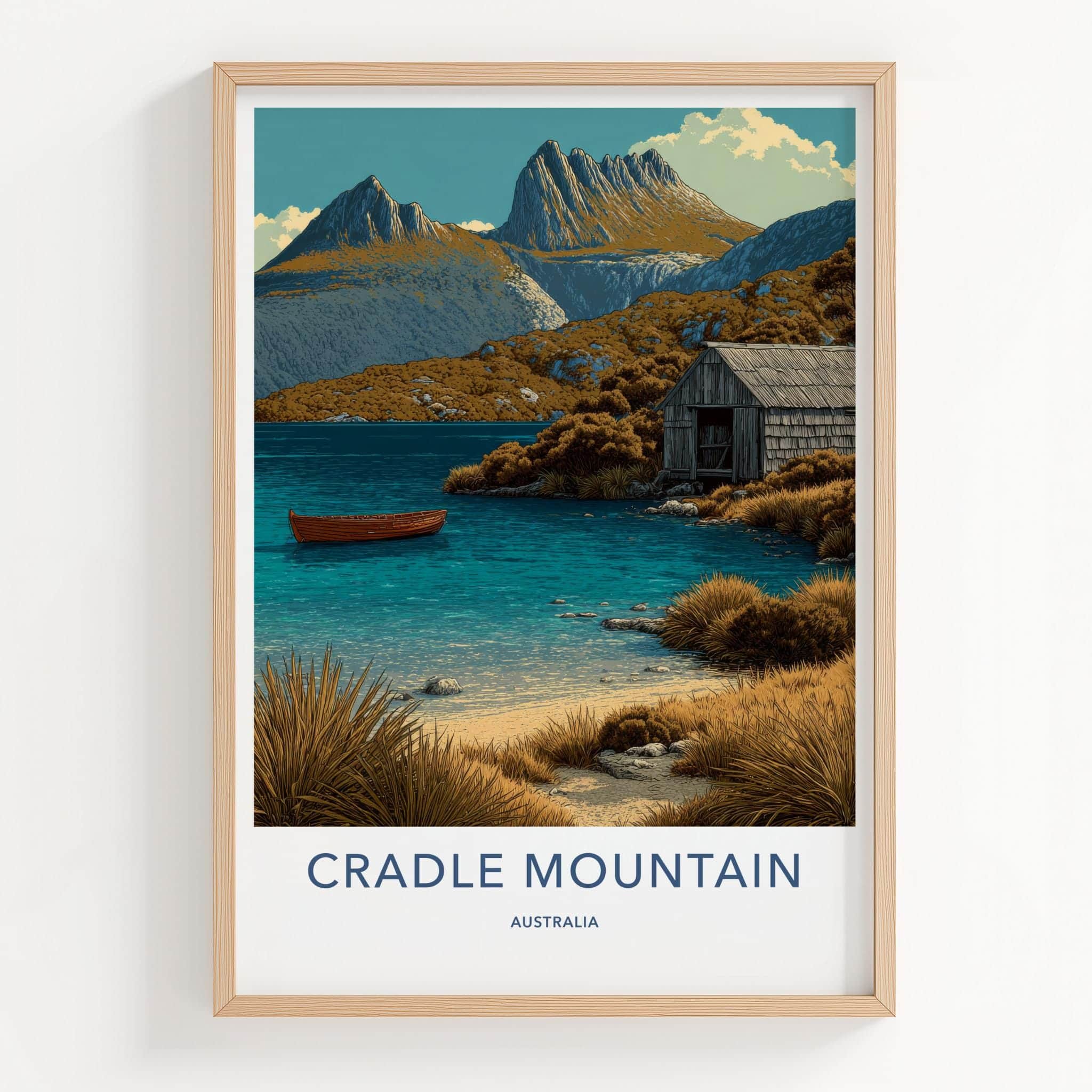 Cradle Mountain Poster - Australia Art Print - Rustic Lake Boathouse Wall Decor