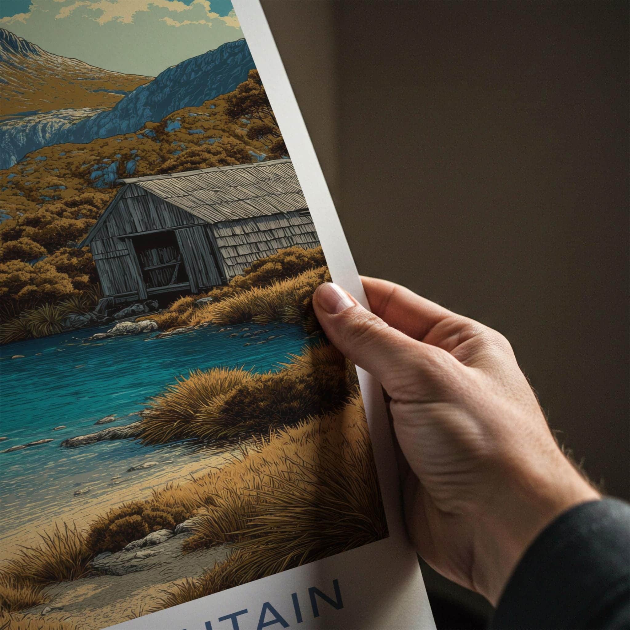 Cradle Mountain Poster - Australia Art Print - Rustic Lake Boathouse Wall Decor