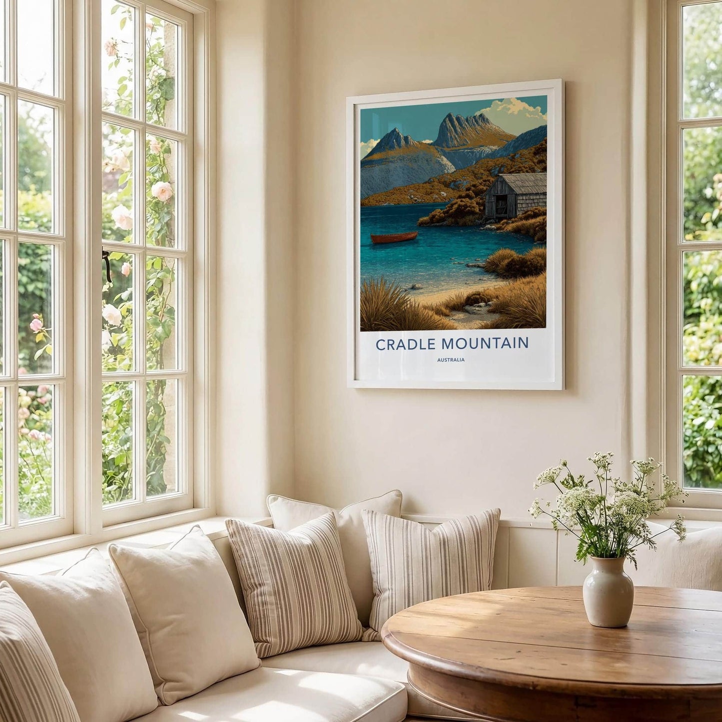 Cradle Mountain Poster - Australia Art Print - Rustic Lake Boathouse Wall Decor