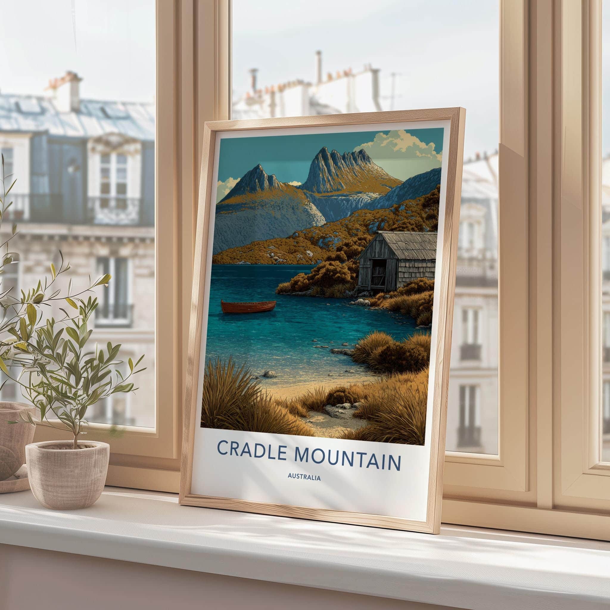 Cradle Mountain Poster - Australia Art Print - Rustic Lake Boathouse Wall Decor