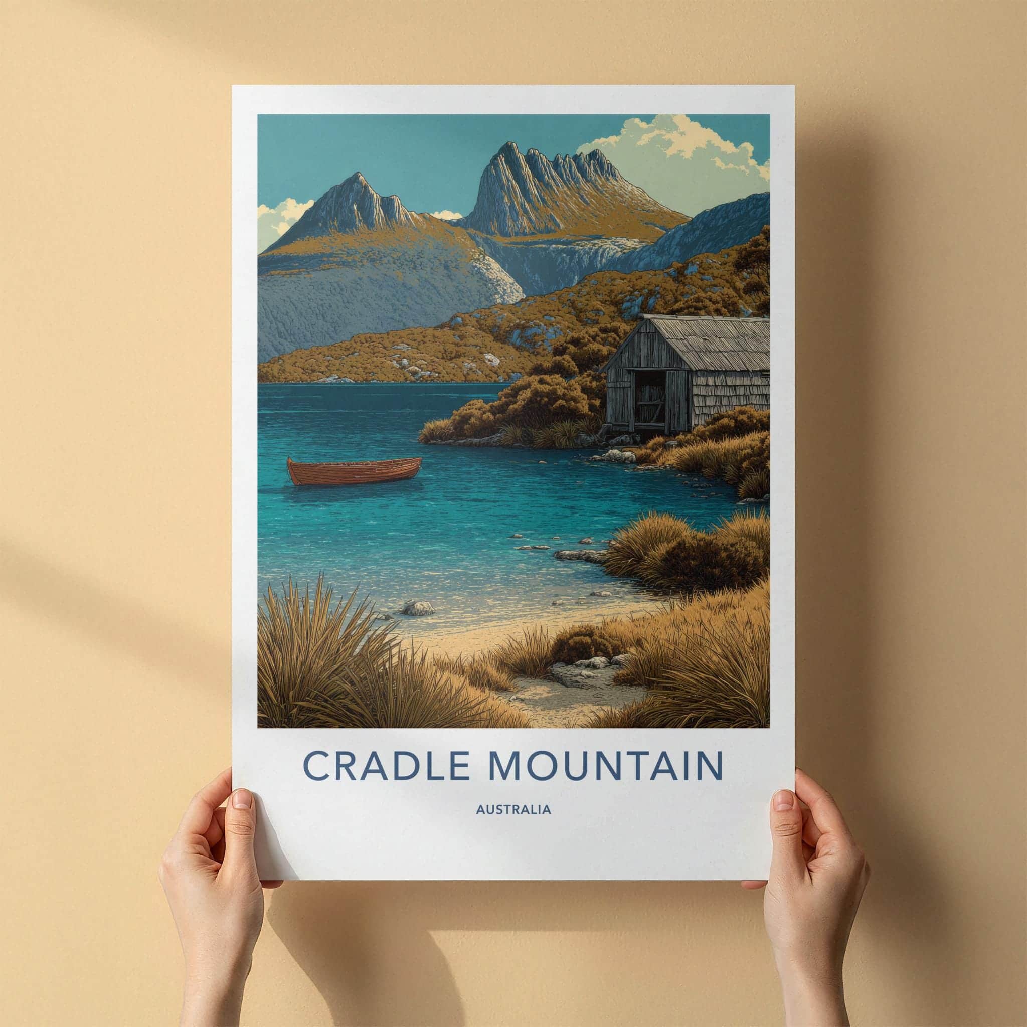 Cradle Mountain Poster - Australia Art Print - Rustic Lake Boathouse Wall Decor