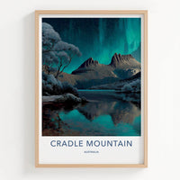 Cradle Mountain Poster - Australia Travel Art - Aurora Night Lake Home Decor