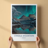 Cradle Mountain Poster - Australia Travel Art - Aurora Night Lake Home Decor