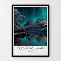 Cradle Mountain Poster - Australia Travel Art - Aurora Night Lake Home Decor