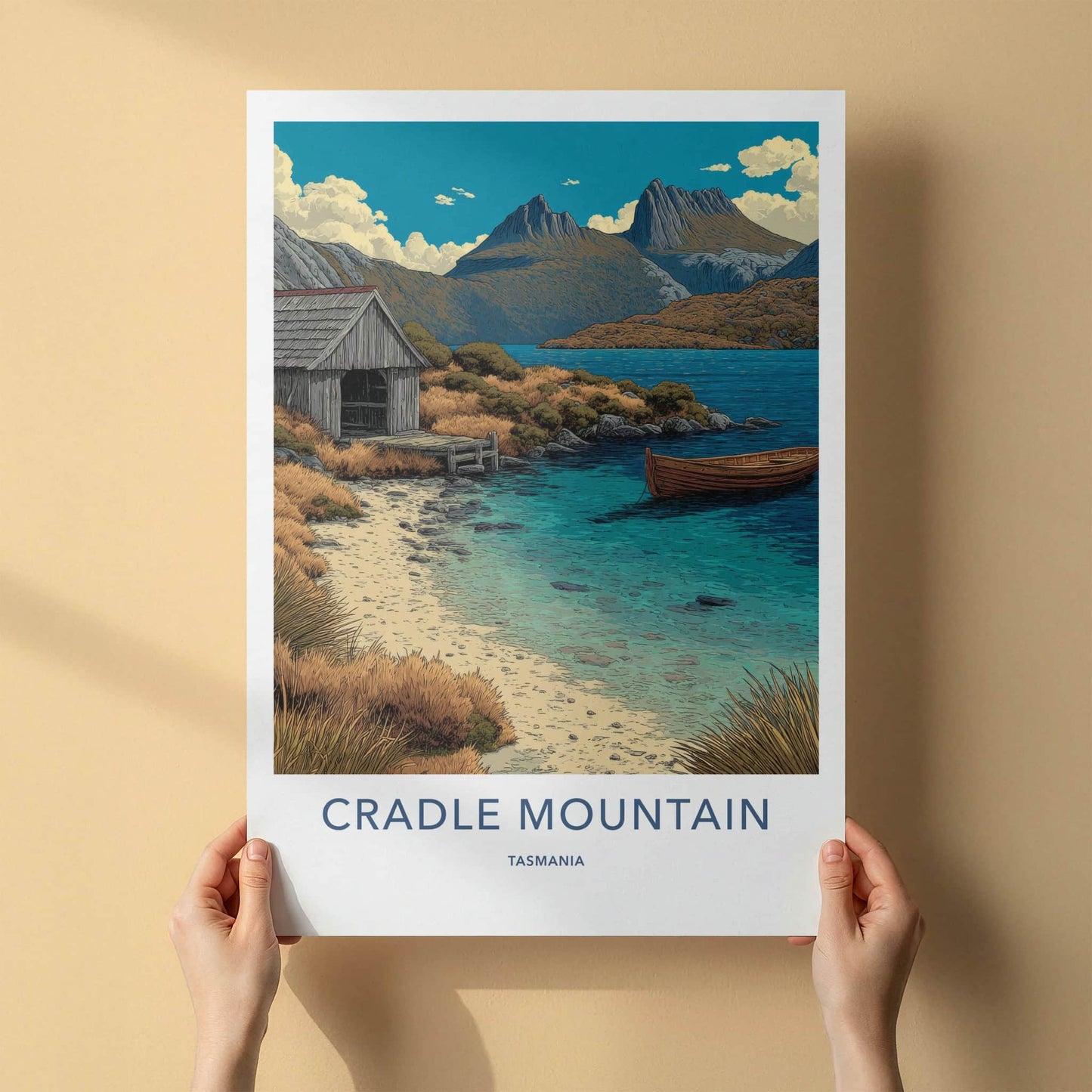 Cradle Mountain Poster - Tasmania Travel Print - Lakeside Hut Boat Gallery Art