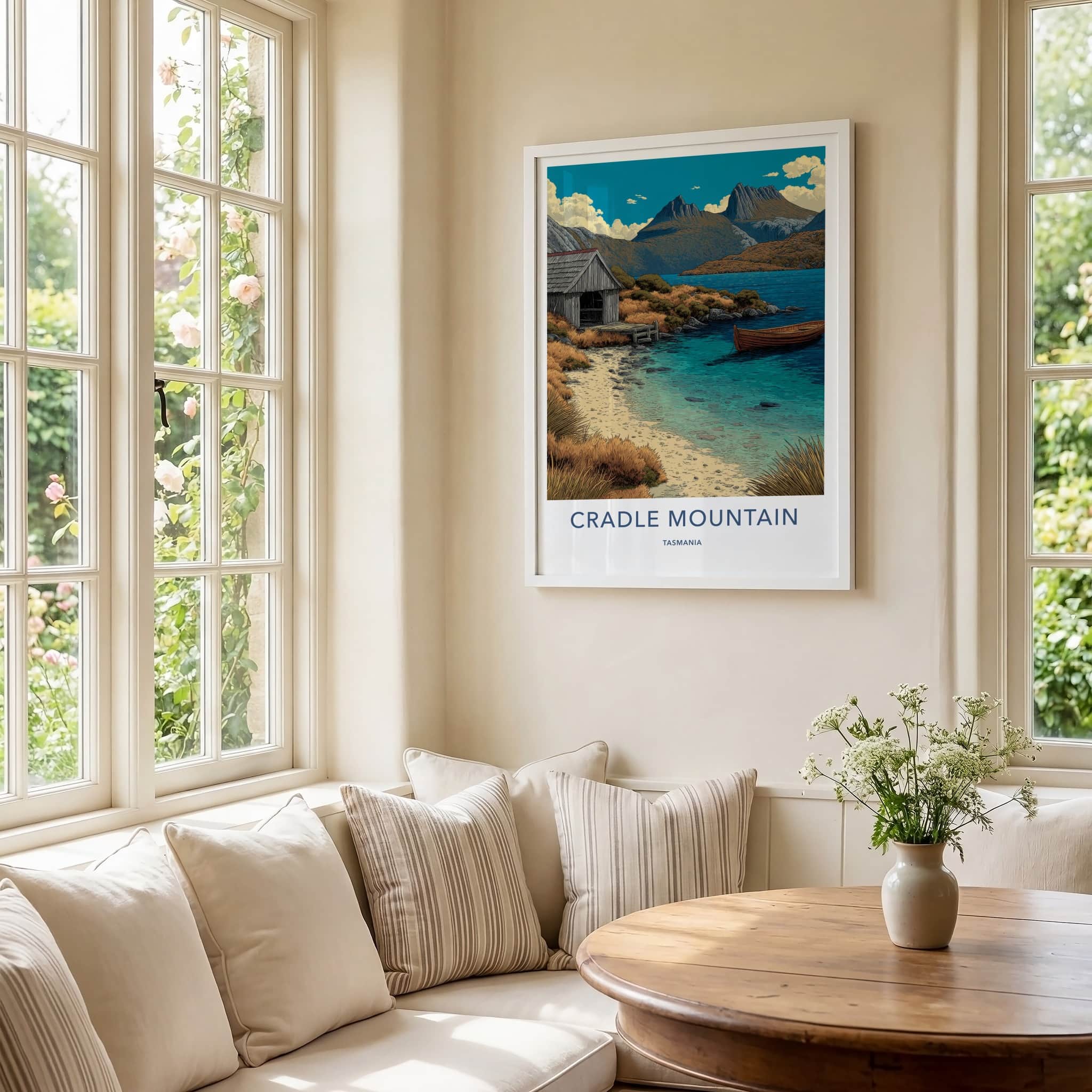 Cradle Mountain Poster - Tasmania Travel Print - Lakeside Hut Boat Gallery Art