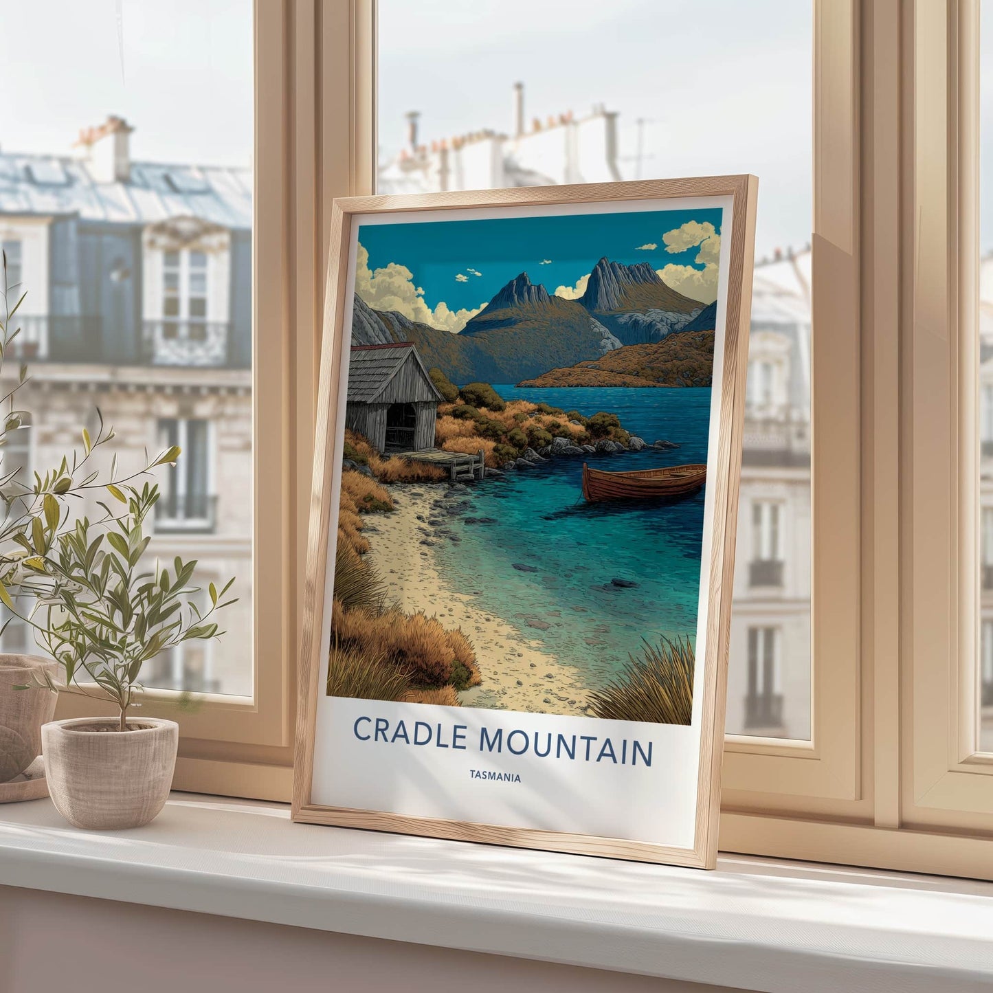 Cradle Mountain Poster - Tasmania Travel Print - Lakeside Hut Boat Gallery Art