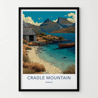 Cradle Mountain Poster - Tasmania Travel Print - Lakeside Hut Boat Gallery Art
