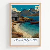 Cradle Mountain Poster - Tasmania Travel Print - Lakeside Hut Boat Gallery Art