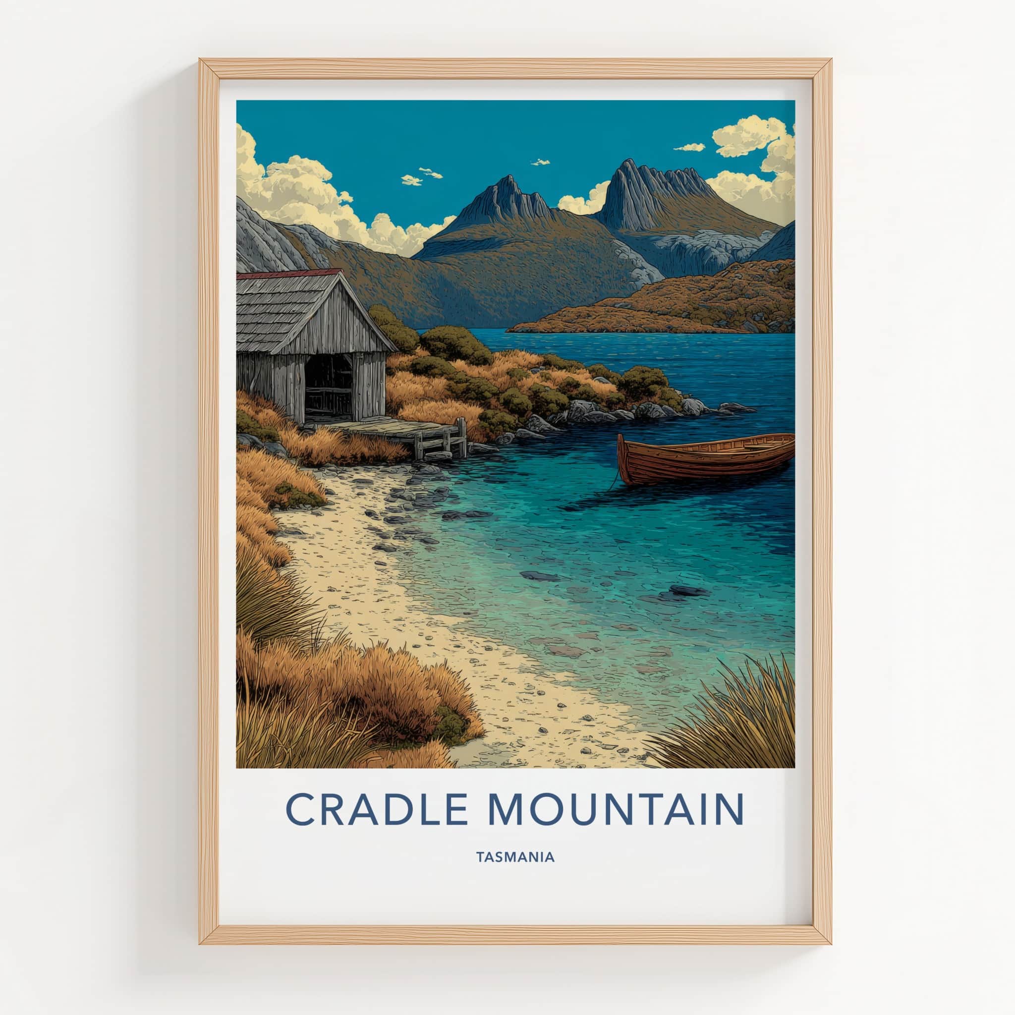 Cradle Mountain Poster - Tasmania Travel Print - Lakeside Hut Boat Gallery Art