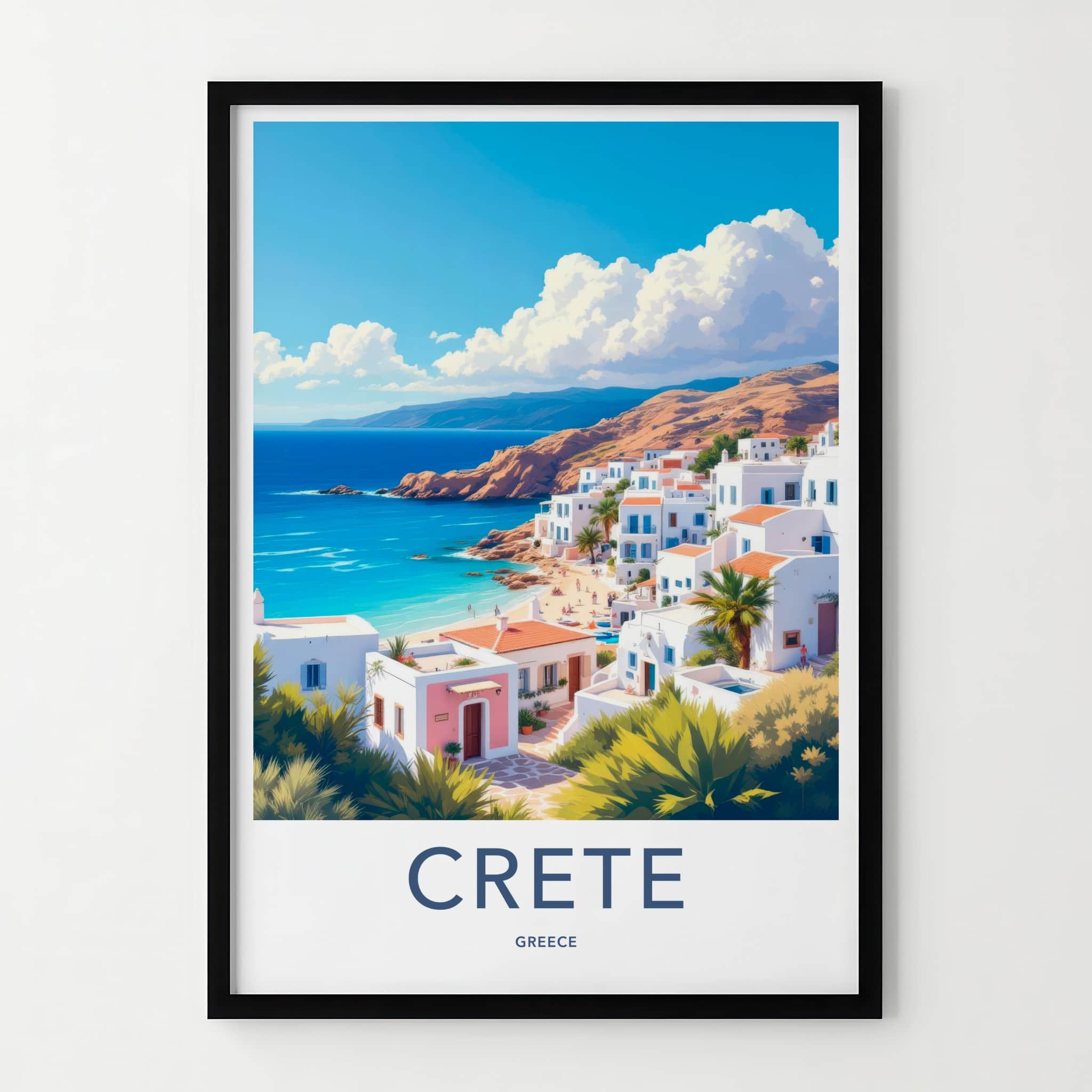 Crete Poster - Greece Travel Art - Whitewashed Coastal Village Home Decor