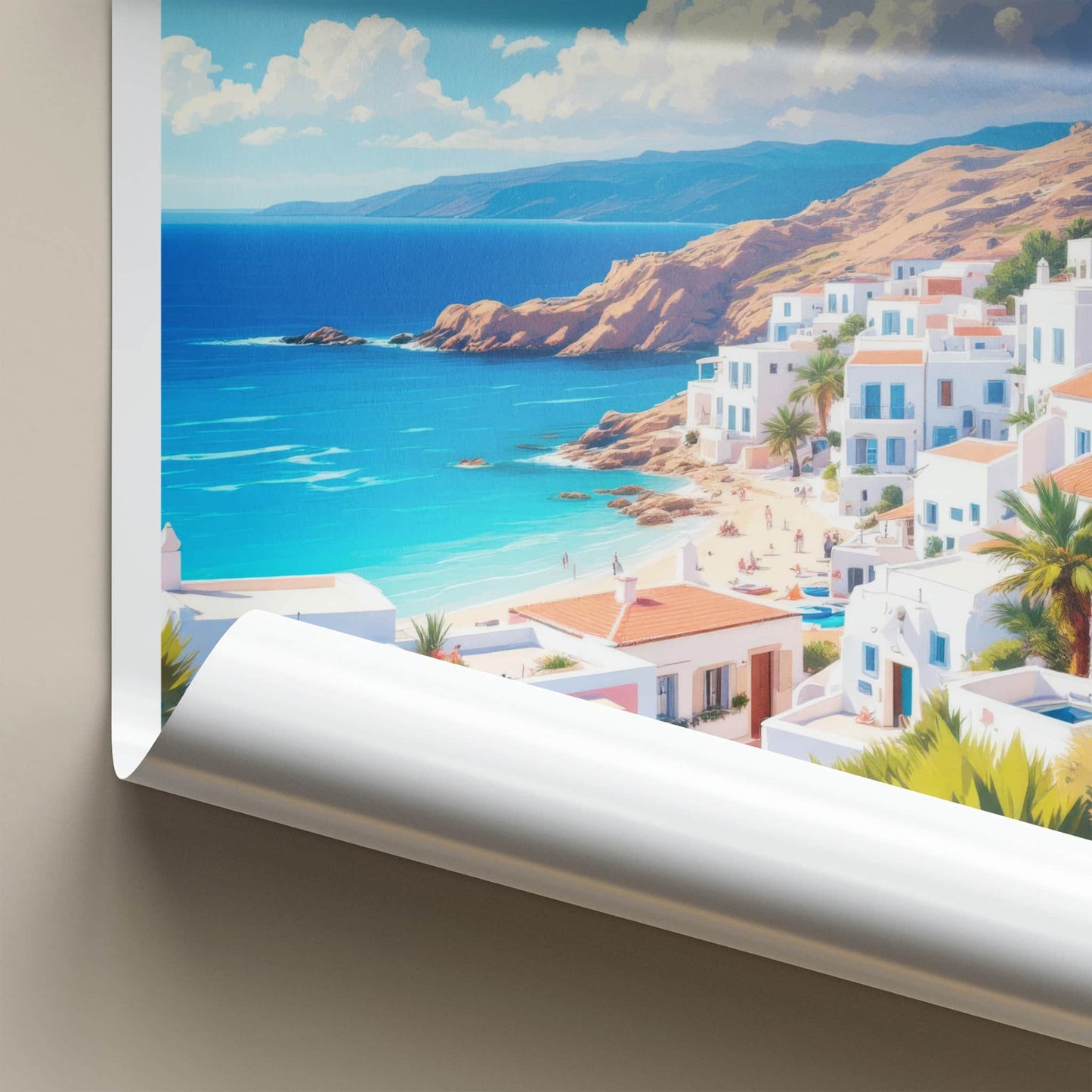 Crete Poster - Greece Travel Art - Whitewashed Coastal Village Home Decor