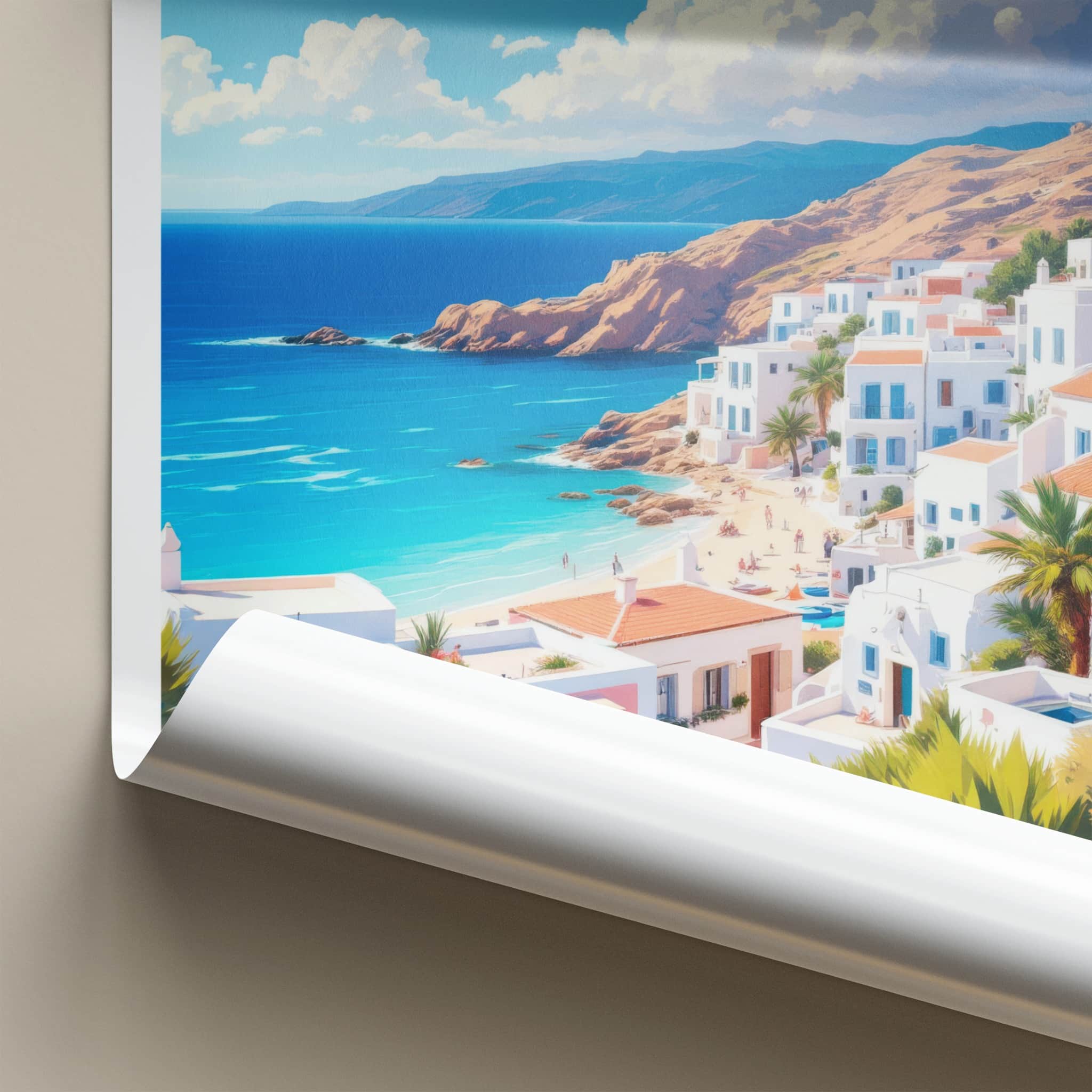 Crete Poster - Greece Travel Art - Whitewashed Coastal Village Home Decor