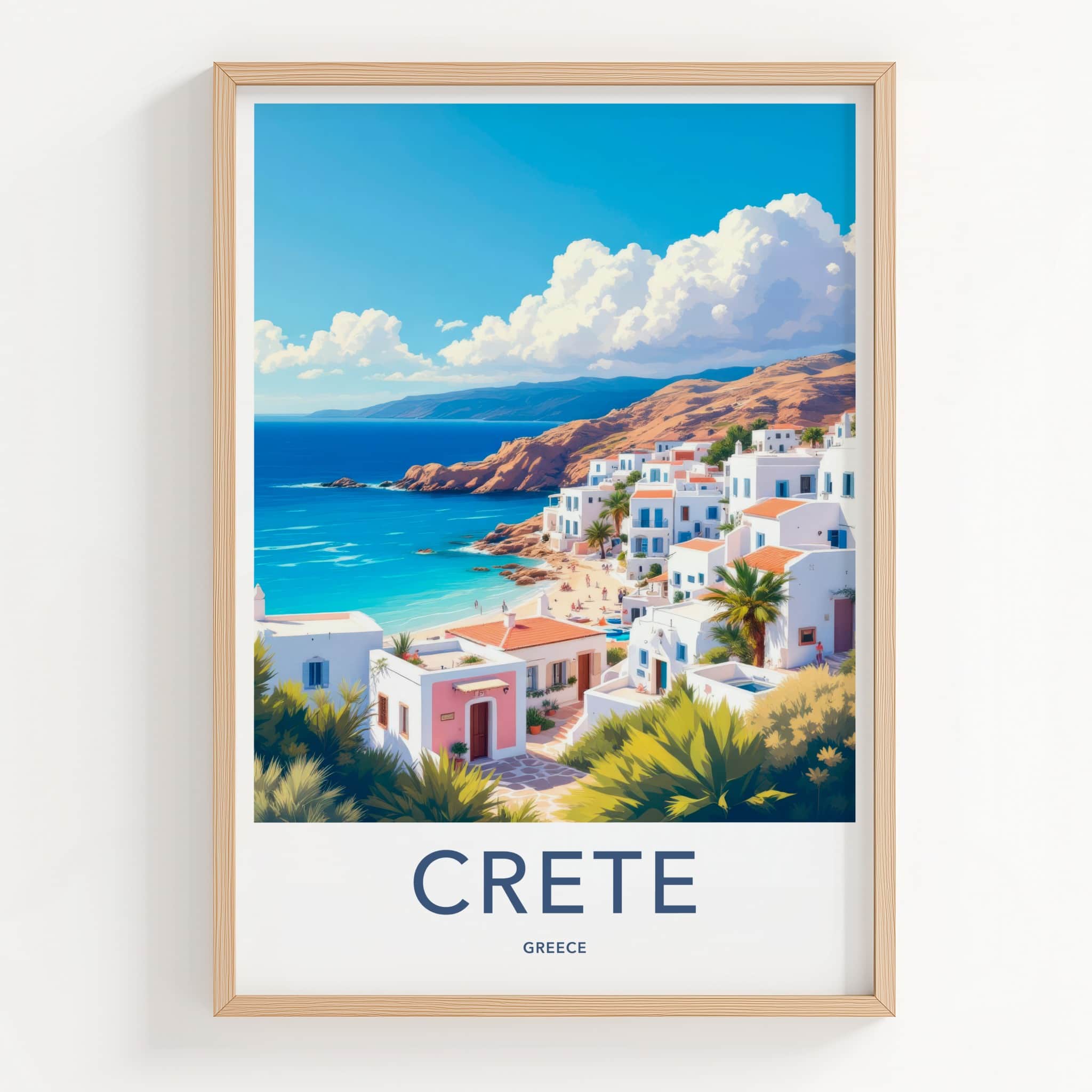 Crete Poster - Greece Travel Art - Whitewashed Coastal Village Home Decor