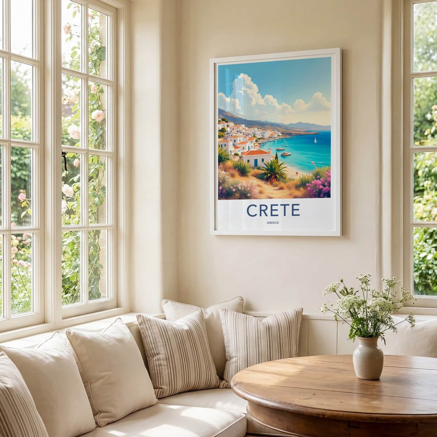 Crete Poster - Greece Travel Art - Whitewashed Coastal Village Home Decor