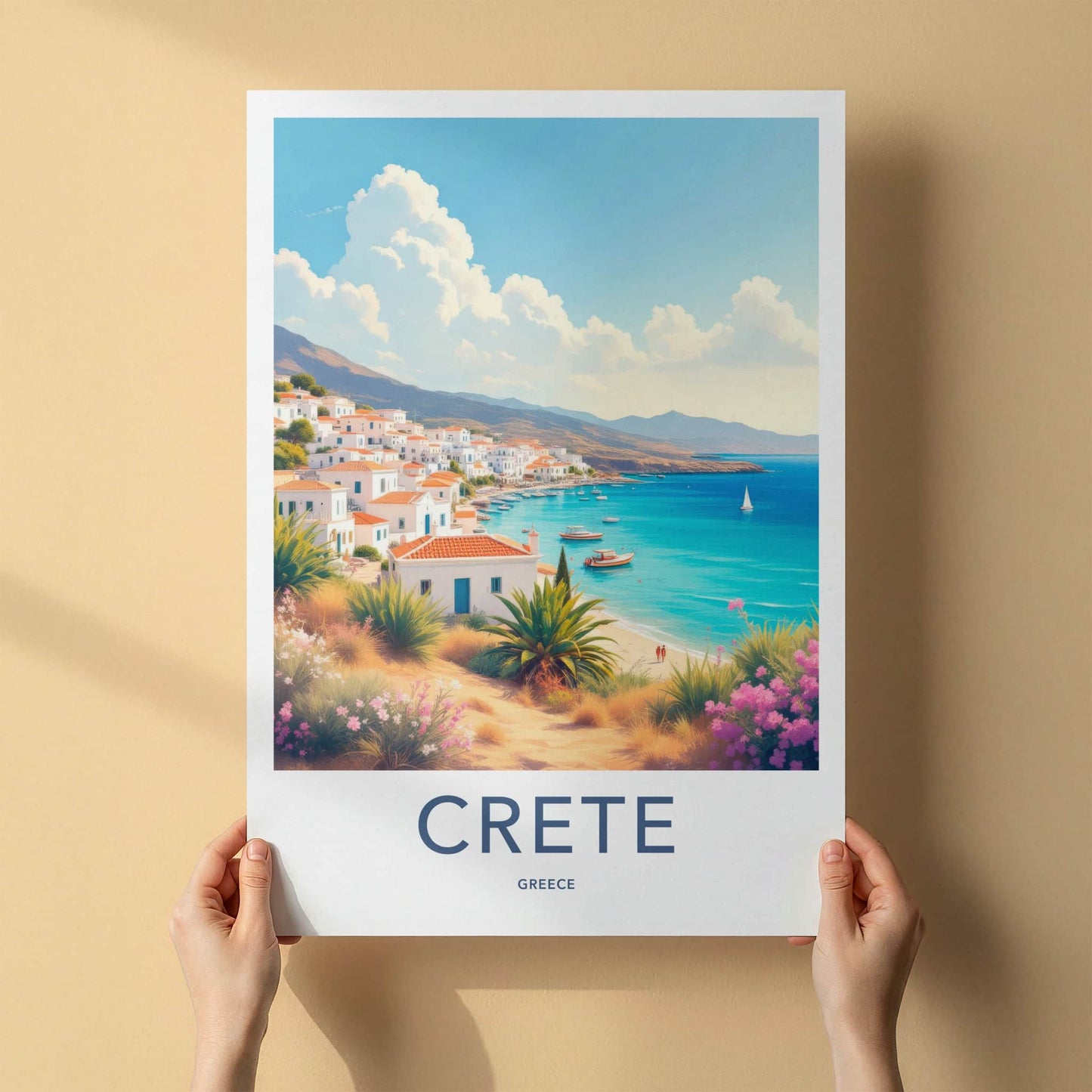 Crete Poster - Greece Travel Art - Whitewashed Coastal Village Home Decor