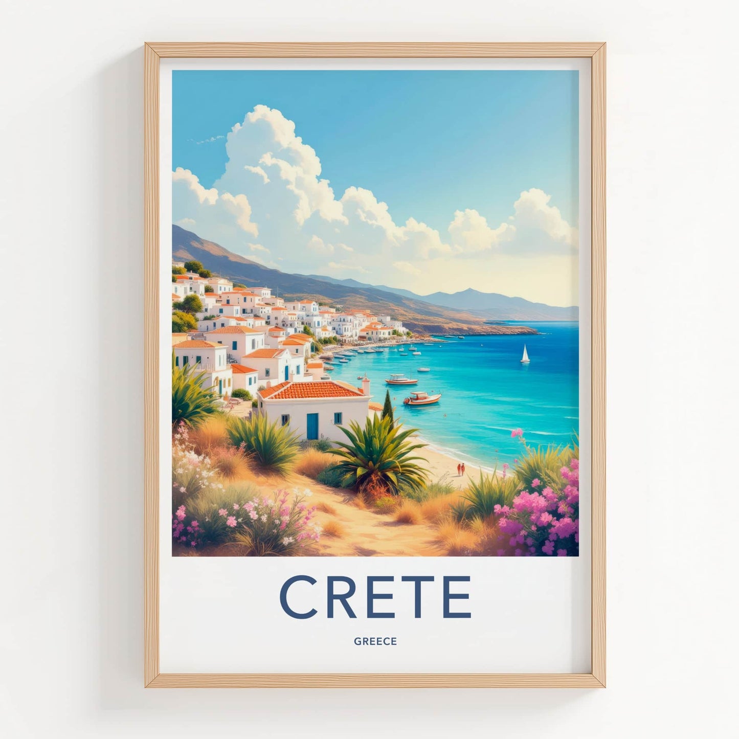 Crete Poster - Greece Travel Art - Whitewashed Coastal Village Home Decor