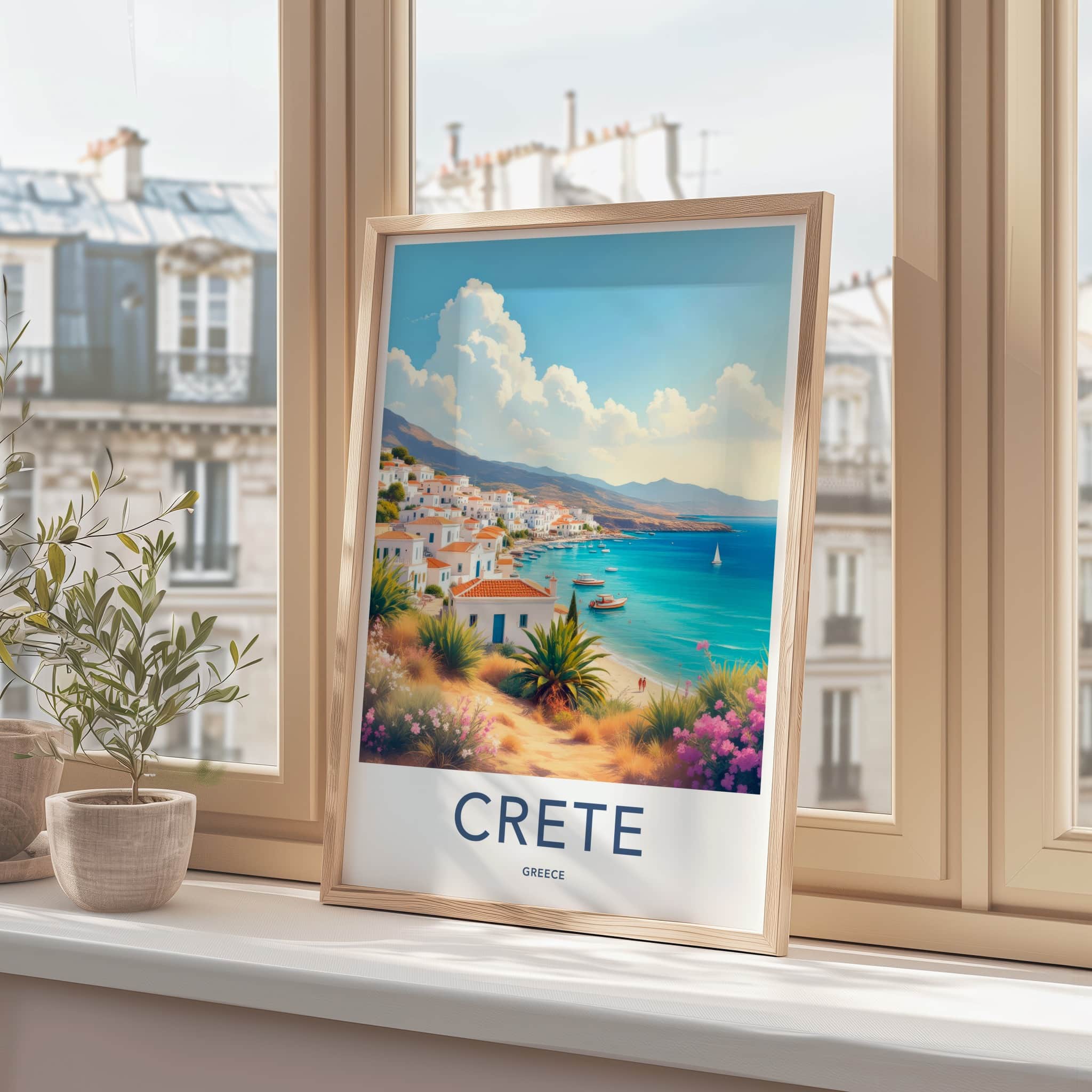 Crete Poster - Greece Travel Art - Whitewashed Coastal Village Home Decor