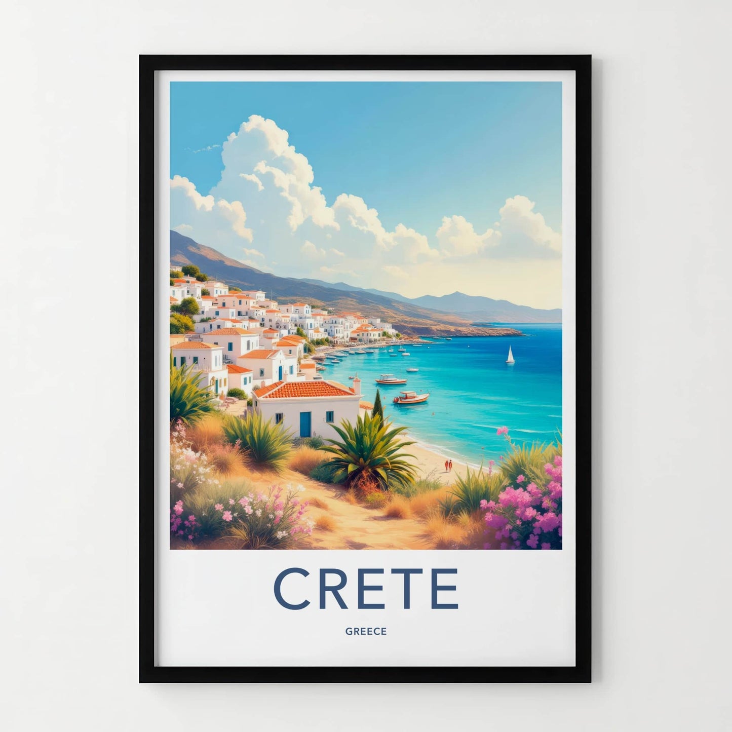 Crete Poster - Greece Travel Art - Whitewashed Coastal Village Home Decor
