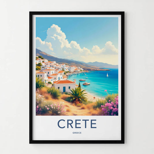Crete Poster - Greece Travel Art - Whitewashed Coastal Village Home Decor