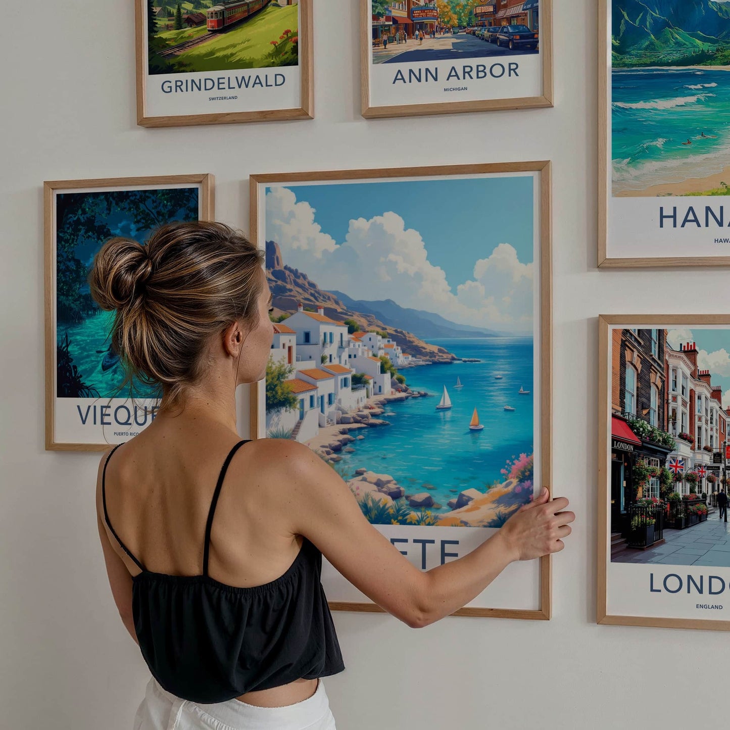 Crete Poster - Greece Travel Art - Whitewashed Seaside Town Home Decor