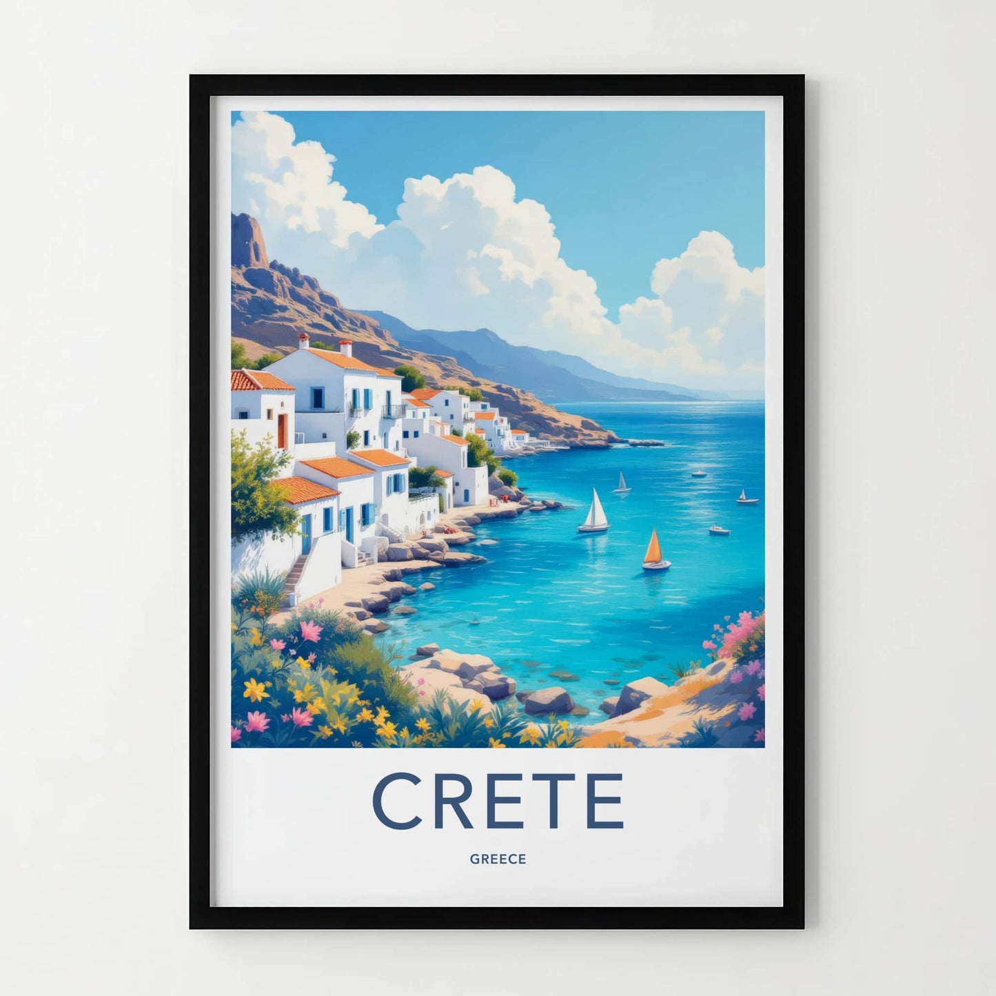 Crete Poster - Greece Travel Art - Whitewashed Seaside Town Home Decor