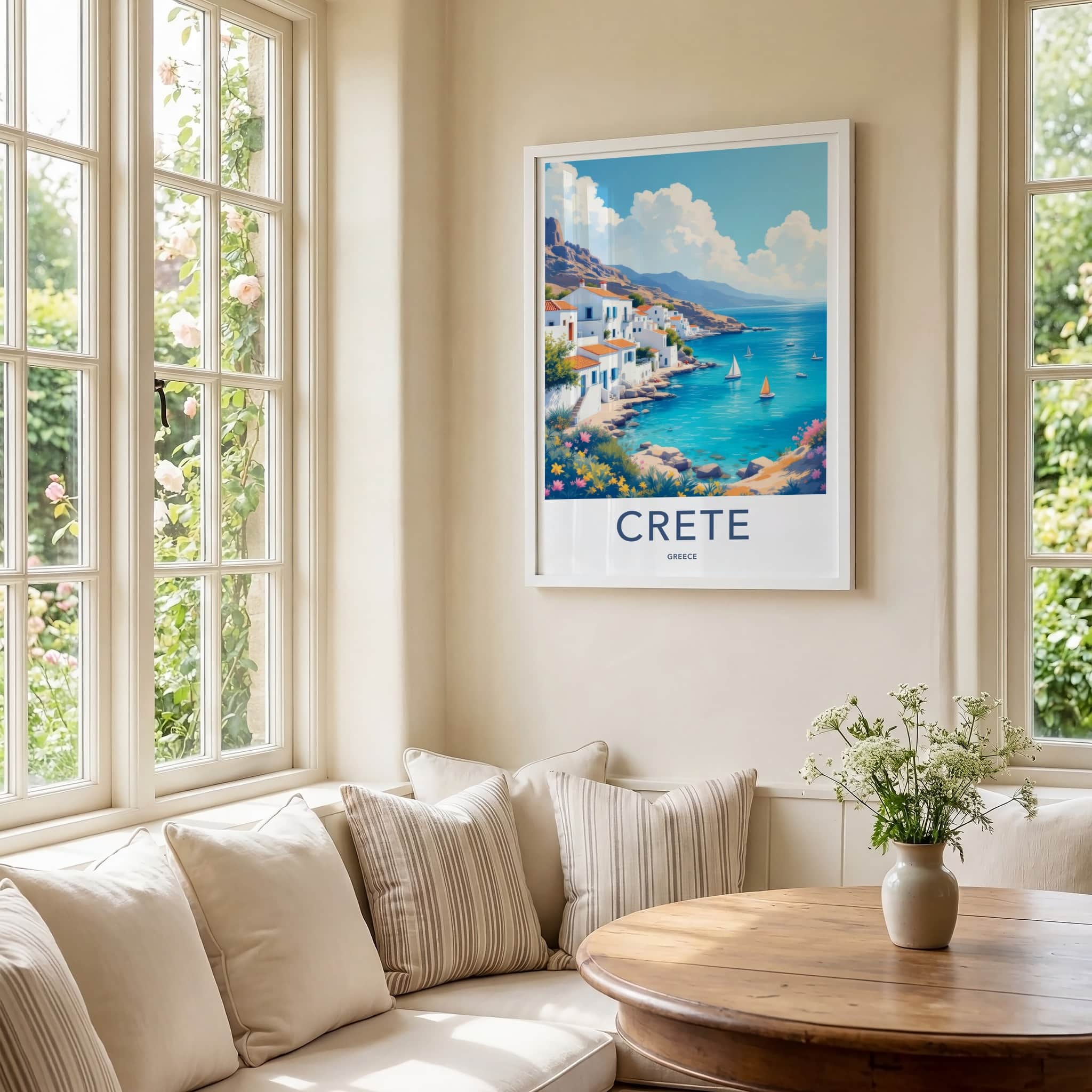 Crete Poster - Greece Travel Art - Whitewashed Seaside Town Home Decor