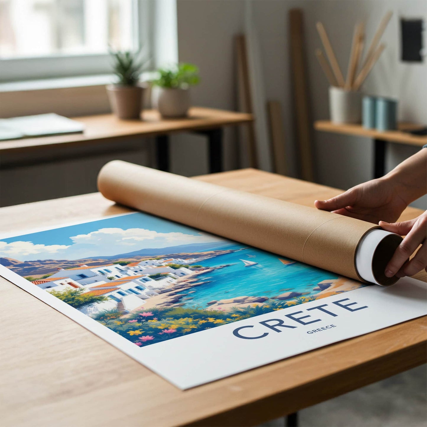 Crete Poster - Greece Travel Art - Whitewashed Seaside Town Home Decor