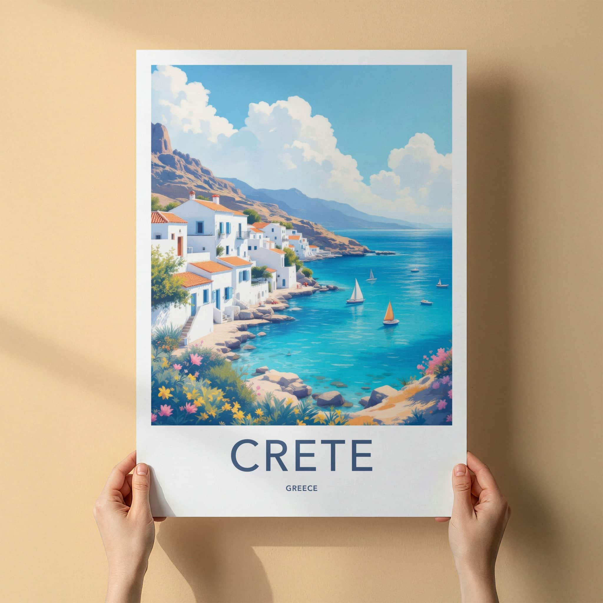 Crete Poster - Greece Travel Art - Whitewashed Seaside Town Home Decor