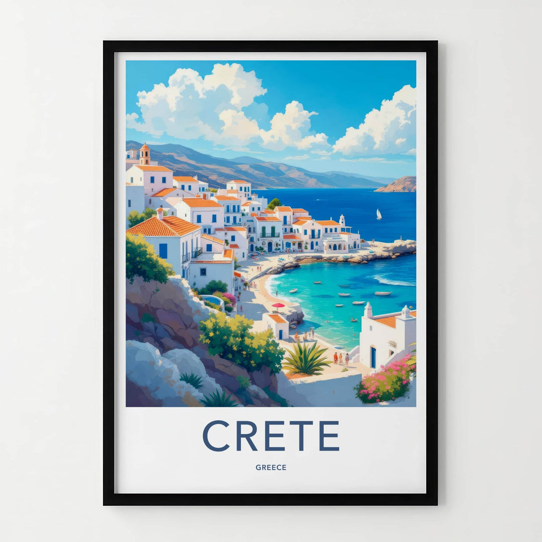 Crete Poster - Greece Travel Art - Whitewashed Seaside Village Home Decor